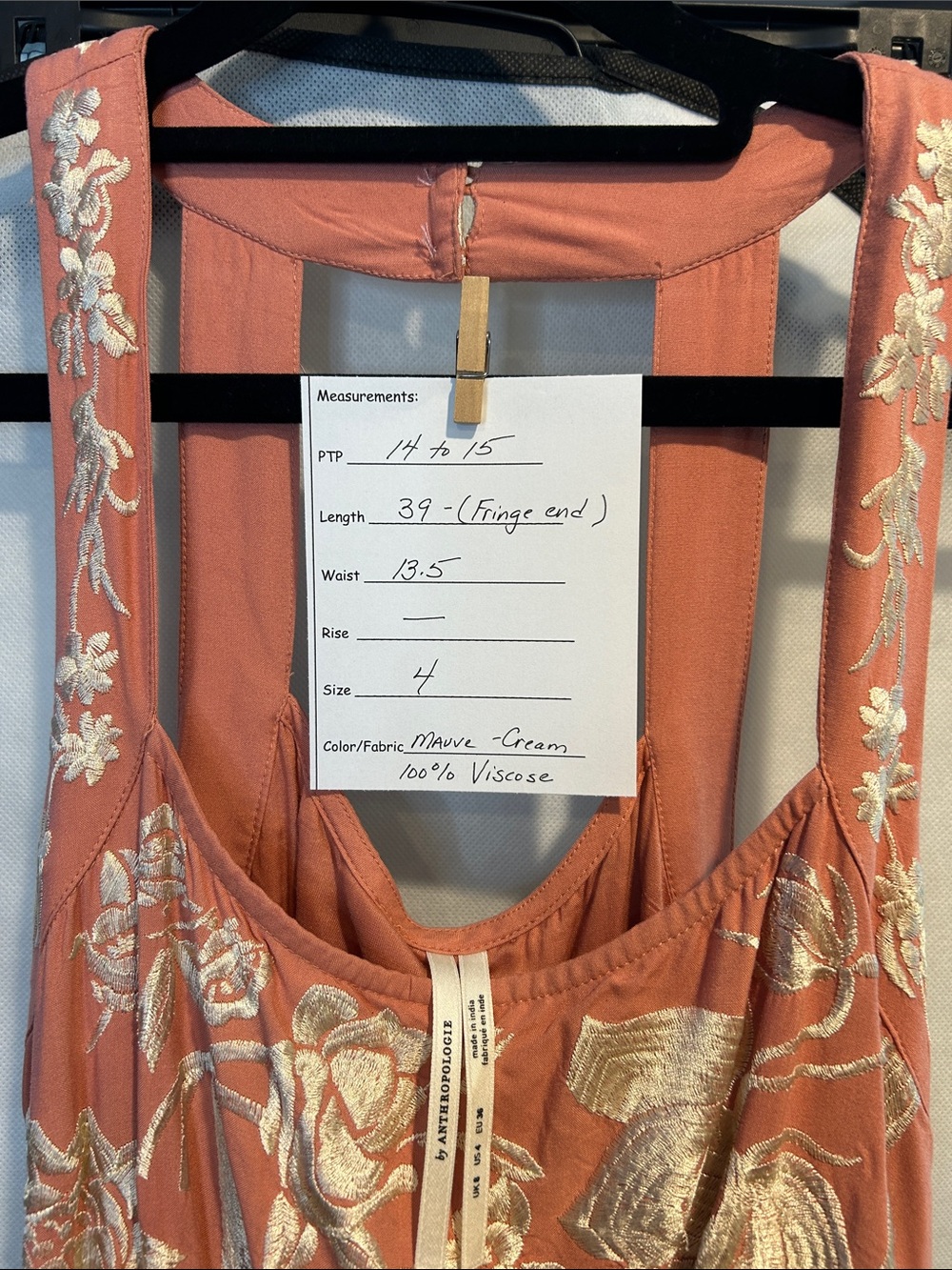 Anthropologie Dusty Rose Floral Embroidered Midi Dress with Fringe - Picture 2 of 11